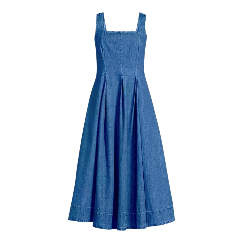 Lands End  blue denim jean fit and flare pleated pocketed dress W's 16P NWT 